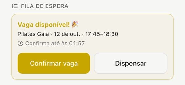 Waitlist notice that a place is free, with Confirm and Dismiss buttons
