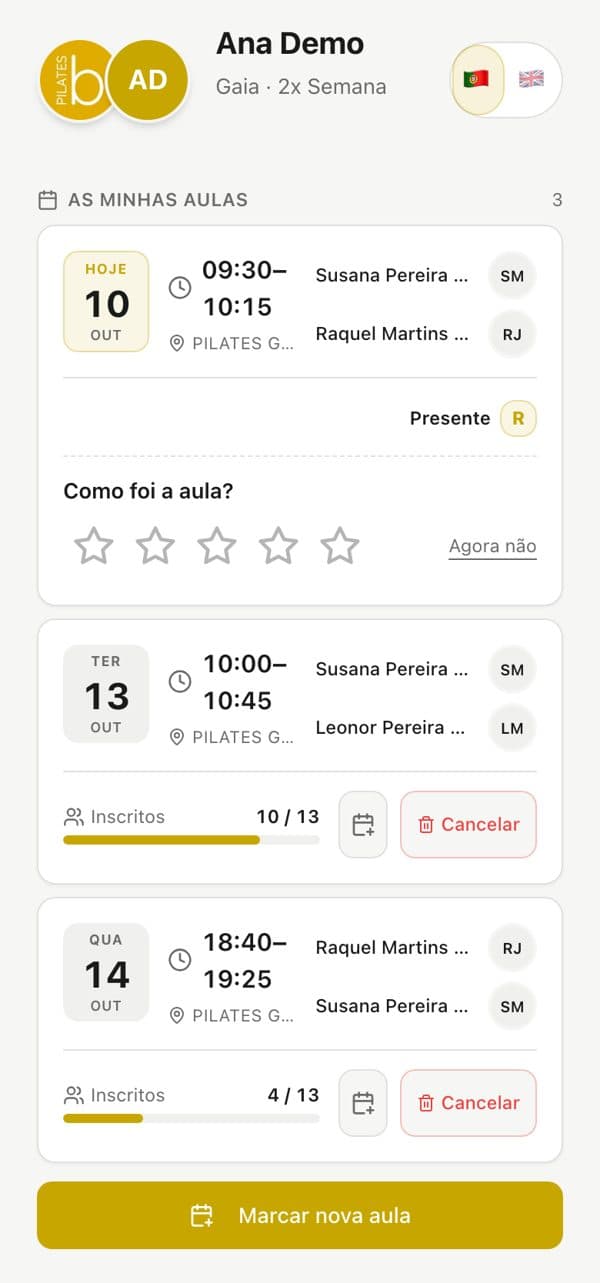 App home page: the next classes, with the time, the instructor and the bookings