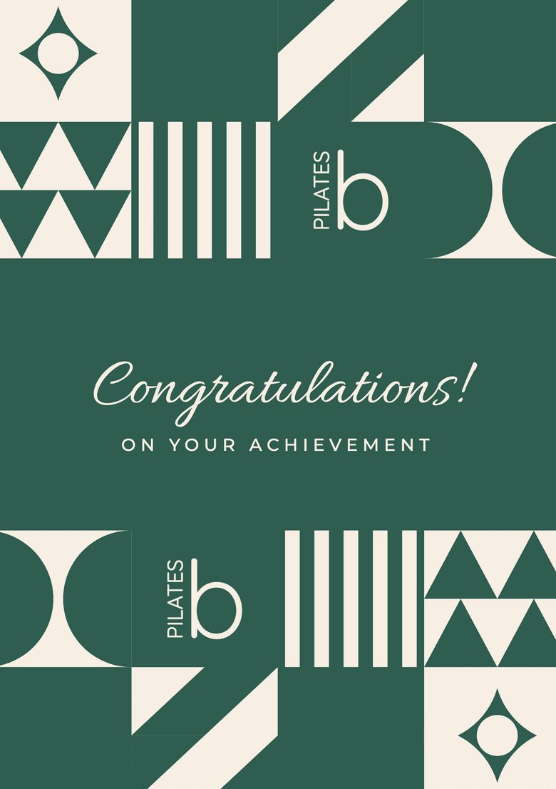 Breath Pilates Gift Voucher congratulations card, with «Congratulations! On your achievement» on the cover
