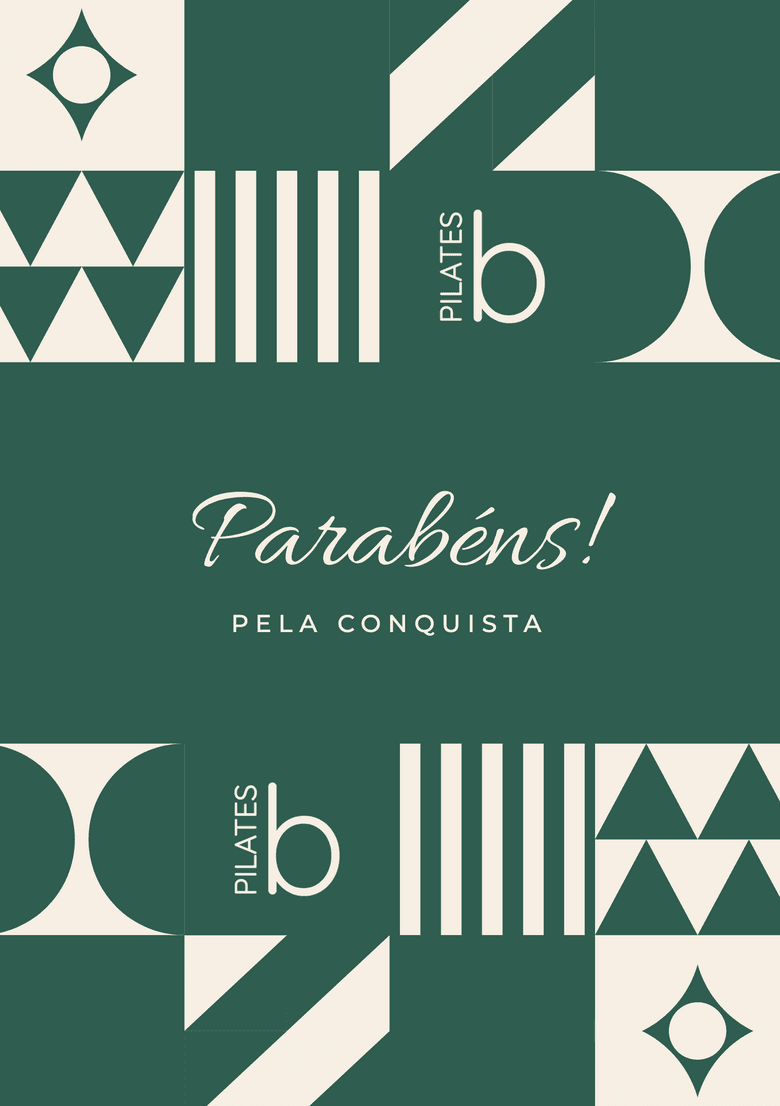 Cartão de parabéns do Vale Presente Breath Pilates, com «Parabéns! Pela conquista» na capa