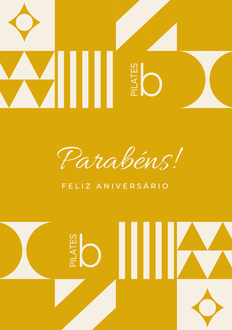 Cartão de aniversário do Vale Presente Breath Pilates, com «Parabéns! Feliz aniversário» na capa