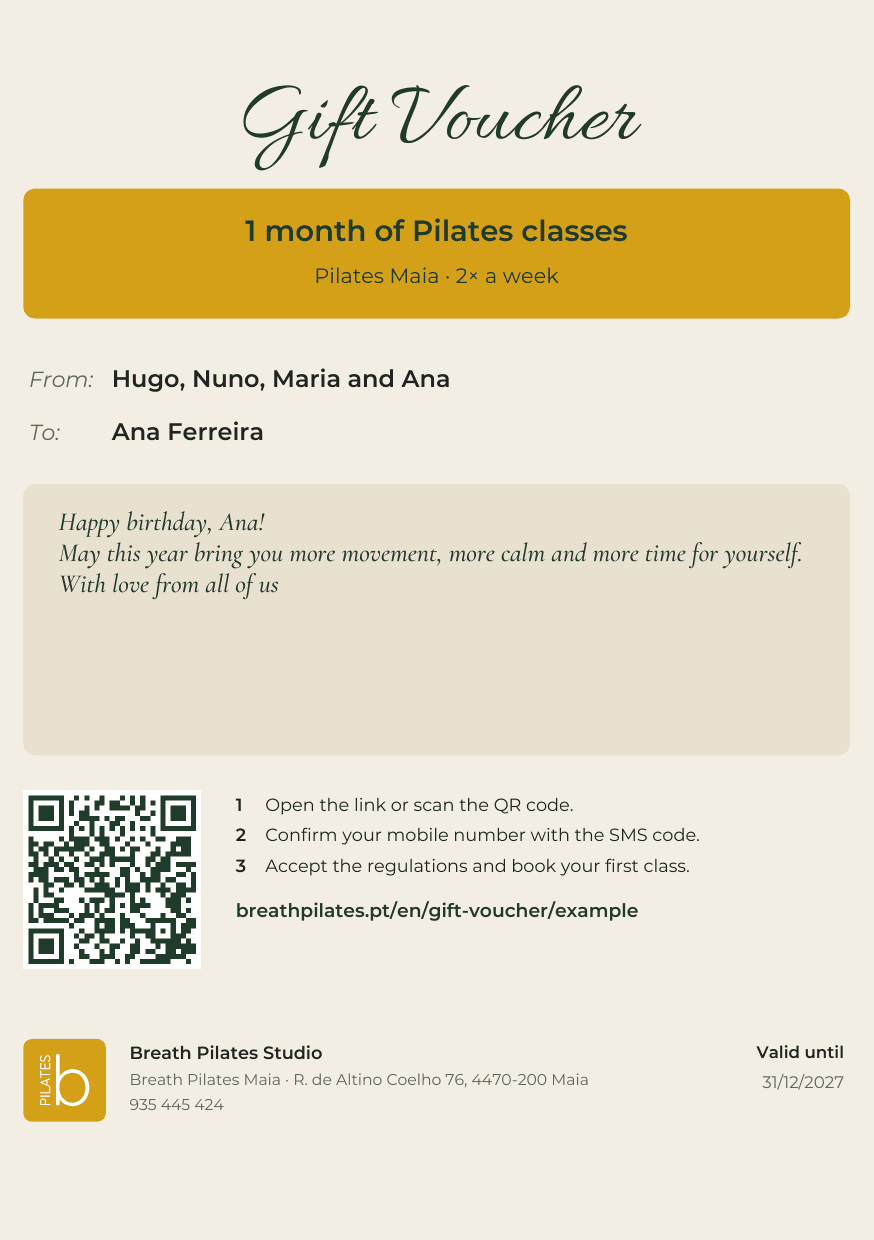 Back of the card: “Gift Voucher”, 1 month of Pilates classes, from Hugo, Nuno, Maria and Ana to Ana Ferreira, with the QR code and the validity
