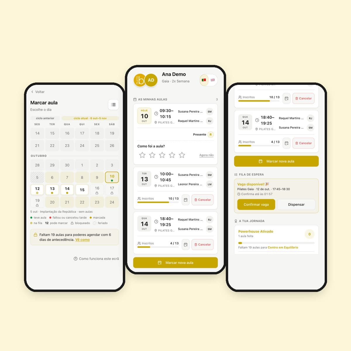 Three screens of the Breath Pilates app: calendar, next classes and waitlist