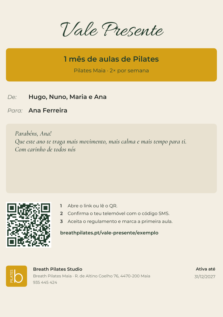 Verso do cartão: «Vale Presente», 1 mês de aulas de Pilates, de Hugo, Nuno, Maria e Ana para Ana Ferreira, com o QR e a validade